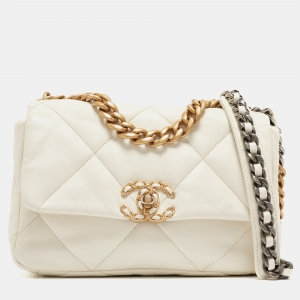 Pre Owned Chanel White Quilted Leather Small 19 Flap Bag