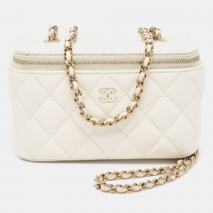 Pre Owned Chanel White Quilted Caviar Leather Small CC Vanity Case Bag