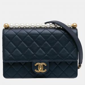 Pre Owned Chanel Navy Blue Medium Chic Pearls Flap Bag