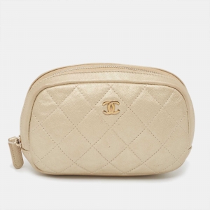 Chanel Beige Quilted Leather Cosmetic Pouch