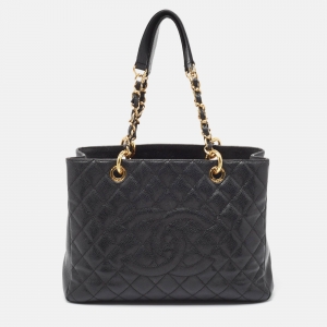 Pre Owned Chanel Black Quilted Caviar Leather GST Shopper Tote
