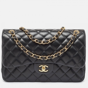Pre Owned Chanel Black Quilted Leather Jumbo Classic Double Flap Bag