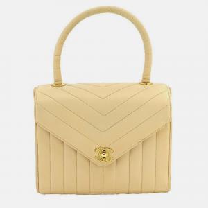 CHANEL Leather Beige V Stitch Mademoiselle Top Handle Bag 