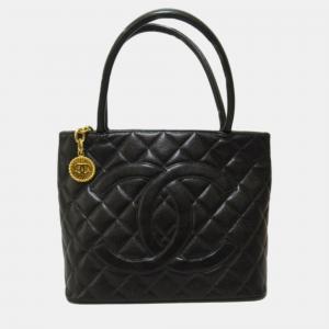 Chanel Black Leather CC Caviar Medallion Tote Bag