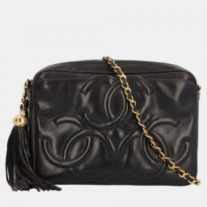 Chanel 28cm Black Lambskin Triple CC Fringe Camera Shoulder Bag