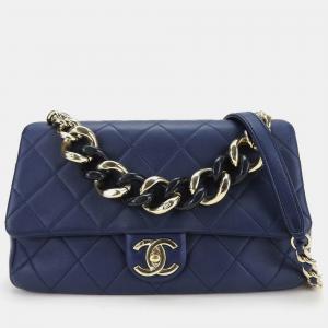 Chanel Blue Quilted Lambskin Small Resin Elegant Chain Flap Bag 