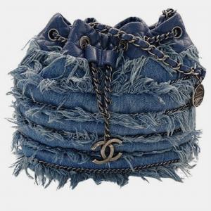 Chanel Blue Fringe Denim Drawstring Charm Bucket Bag 