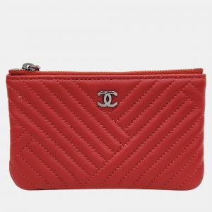 Chanel Red Leather Chevron Pouch