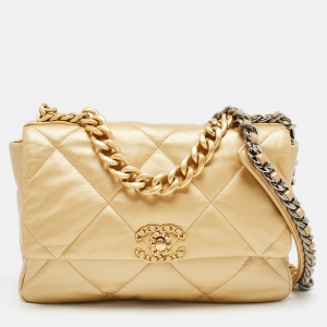 Pre Owned Chanel Gold Quilted Leather Large 19 Flap Bag