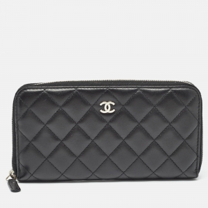 Chanel Black Quilted Leather Classic Zip Around Wallet