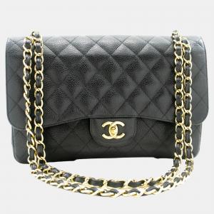Chanel Black Caviar Leather Large Classic Double Flap Shoulder Bag