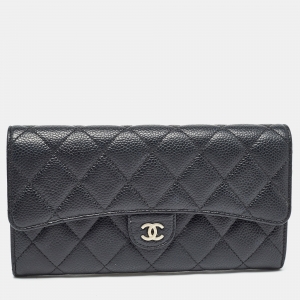 Pre Owned Chanel Black Caviar Quilted Leather Classic L Flap Wallet