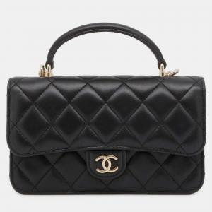 Chanel Black Leather Top Handle Phone Holder Flap Bag 