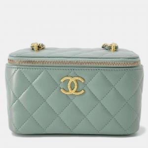 Chanel Metallic Green Leather Small Vanity Case Handbag