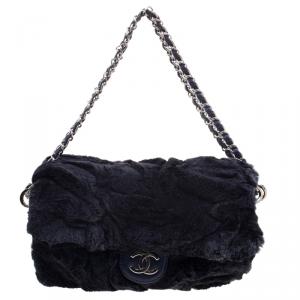 Chanel Navy Blue Rabbit Fur and Leather Classic Single Flap Bag