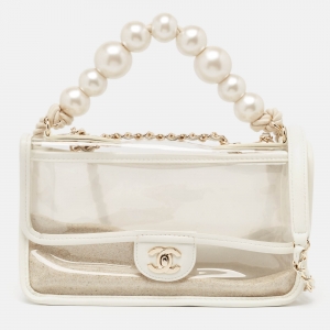 Pre Owned Chanel White PVC and Leather Sand By The Sea Flap With Pearl Strap Bag 