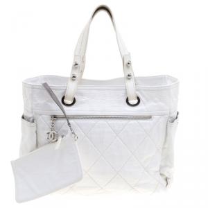 Pre Owned حقيبة يد شانيل باريس بياريتز كبيرة كانفاس مقوى مبطن�ة بيضاء