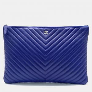 Chanel Blue Leather Chevron Clutch Bag