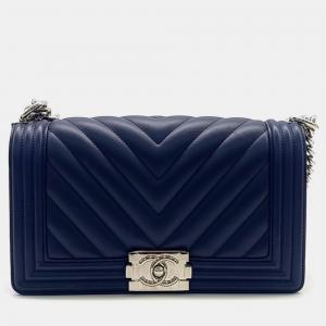 Chanel Navy Blue Leather Chevron Boy Bag