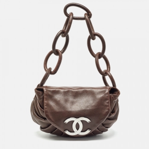 Chanel Choco Brown Pleated Leather Ring CC Shoulder Bag