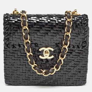Pre Owned Chanel Black Glazed Wicker Mini Vintage Flap Bag 