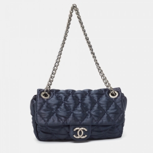 Chanel Navy Blue Quilted Satin Medium Classic Single Flap Bag