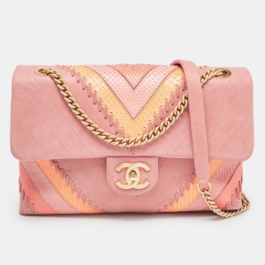 Pre Owned Chanel Multicolor Chevron Iridescent Leather and Python Flap Bag