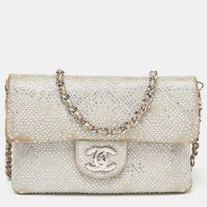 Chanel Light Grey Quilted Suede Beaded Mineral Nights Bag