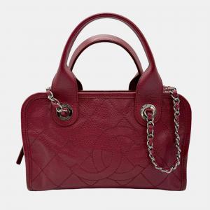 Chanel Red Leather Small Deauville Tote Bag