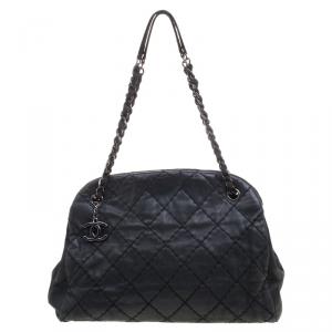 Pre Owned Chanel Black Quilted Iridescent Leather Just Mademoiselle Bowling Bag