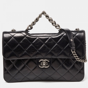 Pre Owned Chanel Black Quilted Glossy Leather Large Perfect Edge Flap Bag