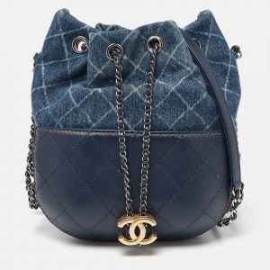 Pre Owned Chanel Blue Quilted Leather and Denim Small Gabrielle Bucket Bag