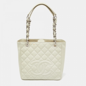 Chanel Ivory Quilted Caviar Leather Petite Shopping Tote