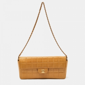 Pre Owned Chanel Beige Chocolate Bar Quilted Leather East West Flap Bag