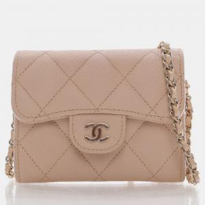 مملوكة مسبقًا Chanel Beige Quilted Caviar Small Classic Flap Clutch with Chain 