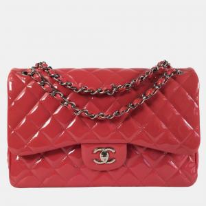 Chanel Red Patent Leather Jumbo Classic Double Flap Shoulder Bag