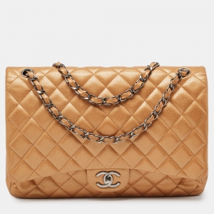 Chanel Orange Quilted Caviar Leather Maxi Classic Double Flap Bag