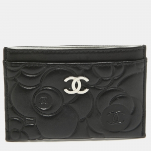Pre Owned Chanel Black Camellia Embossed Leather CC Card Holder