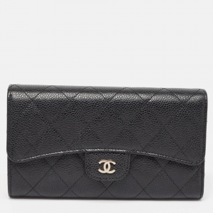 Chanel Black Quilted Caviar Leather Classic Tri Fold Continental Wallet
