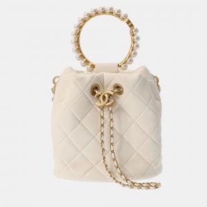 Chanel White Leather Pearl Crown Drawstring Bag