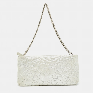 Pre Owned Chanel Silver Leather Camellia Pochette
