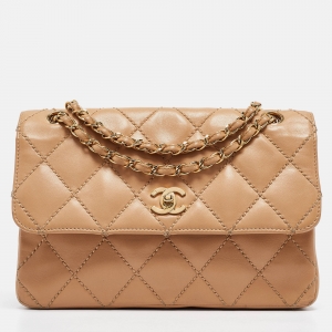 Pre Owned Chanel Beige Quilted Leather Wild Stitch Classic Flap Bag