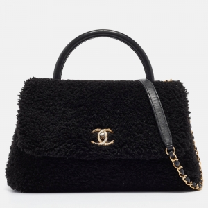 Pre Owned Chanel Black Shearling Medium Coco Top Handle Bag