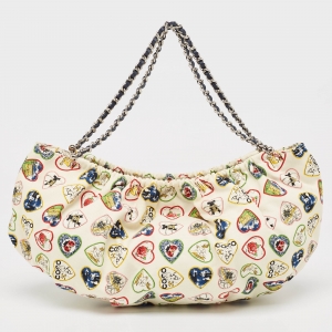 Pre Owned Chanel Off White/Multicolor Canvas Mini Valentine Heart Hobo 