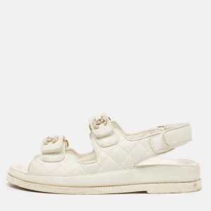 Pre Owned Chanel White Quilted Leather Dad CC Velcro Strap Flat Sandals Size 36