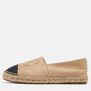 Pre Owned Chanel Beige/Black Leather CC Espadrille Flats Size 39