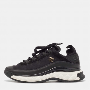 Pre Owned Chanel Black Leather and Nylon CC Lace Up Sneakers Size 39.5