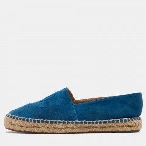 Pre Owned Chanel Blue Suede CC Espadrille Flats Size 37