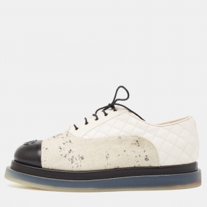 Pre Owned Chanel White/Black Canvas and Leather Cap Toe Oxford Sneakers Size 40