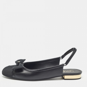 Chanel Black Leather and Canvas CC Bow Cap Toe Slingback Flat Sandals Size 40.5